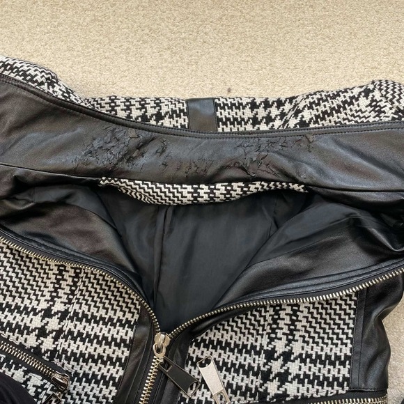 Lena Gabrielle Womens Sz 10 Houndstooth Faux Leather Trim Zip Jacket Black White - Picture 5 of 13